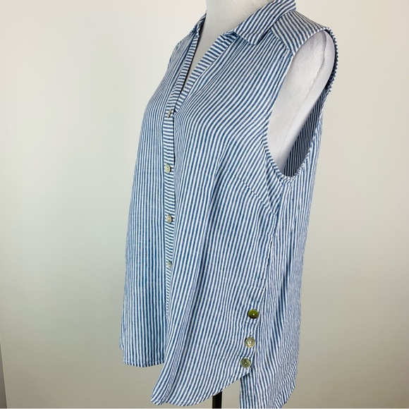 J. Jill Blue Striped Button Down Linen Shirt Medium - Picture 7 of 13
